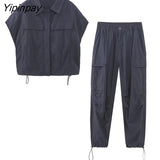 Yipinpay Fashion 2023 Summer Solid Blouse Pants Sets Casual Short Sleeve Turn Down Collar Shirts Pockets Cargo Pants Outwear