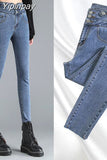 Yipinpay High Waist Jeans Autumn Winter Pencil Pants Denim Buttons Ladies Jeans Trousers High Elasticity Jean Femme