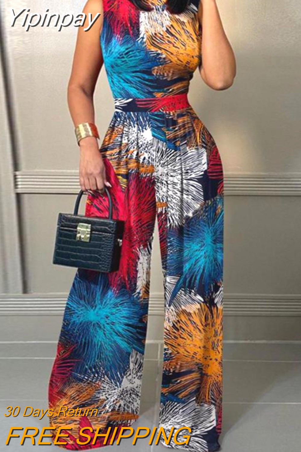 Yipinpay Print Wide Leg Jumpsuit 2023 Woman Long Jumpsuits Elegant New Fashion Casual One Pieces
