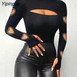 Yipinpay Women Solid Heart Hollow Long Sleeves Rhinestone Decor Cuff Links Skinny Black Blouses Tops