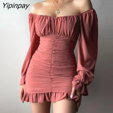 Yipinpay Women Dress Off Shoulder Ruched Bell Sleeve Ruffles Mini Bodycon Dress Sexy Party Dress