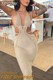 Yipinpay Women Knitting Backless Halter Maxi Dress 2023 New Bodycon Hollow Out Lace Up Hips Dresses Elegant Beach Backless Vestidos