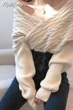 Yipinpay Off Shoulder Sexy V-neck Cross Loose Twist Patchwork Sweaters Solid Color Long Sleeve Knitted Pullovers Autumn Spring 2023