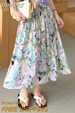 yipinpay Summer Painting Printed Pleated Skirt Women 2023 Chiffon High Waisted A-line Long Skirts Korean Fashion Faldas Female