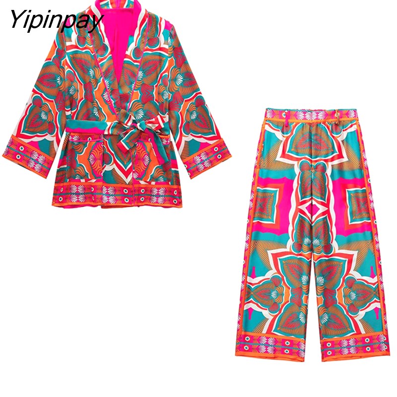 Yipinpay Women Fashion Print Autumn Shirts+Long Pants Set New 2023 Female 3PCS Sets Casual Top With Belt Street Outwear Mujer