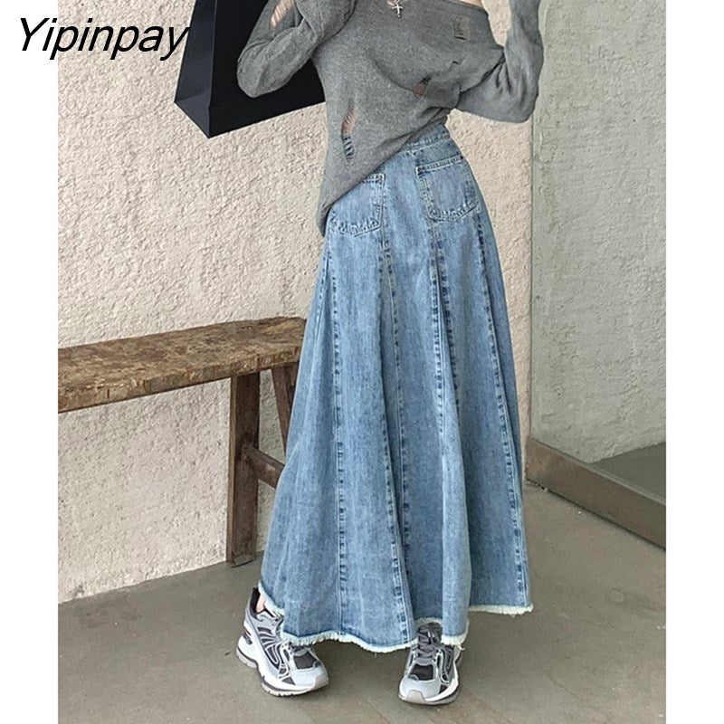 Yipinpay 2023 Spring Summer Women Skirts High Waist Vintage Denim Long Skirts Ladies Casual Pocket Blue A-line Jeans Skirt