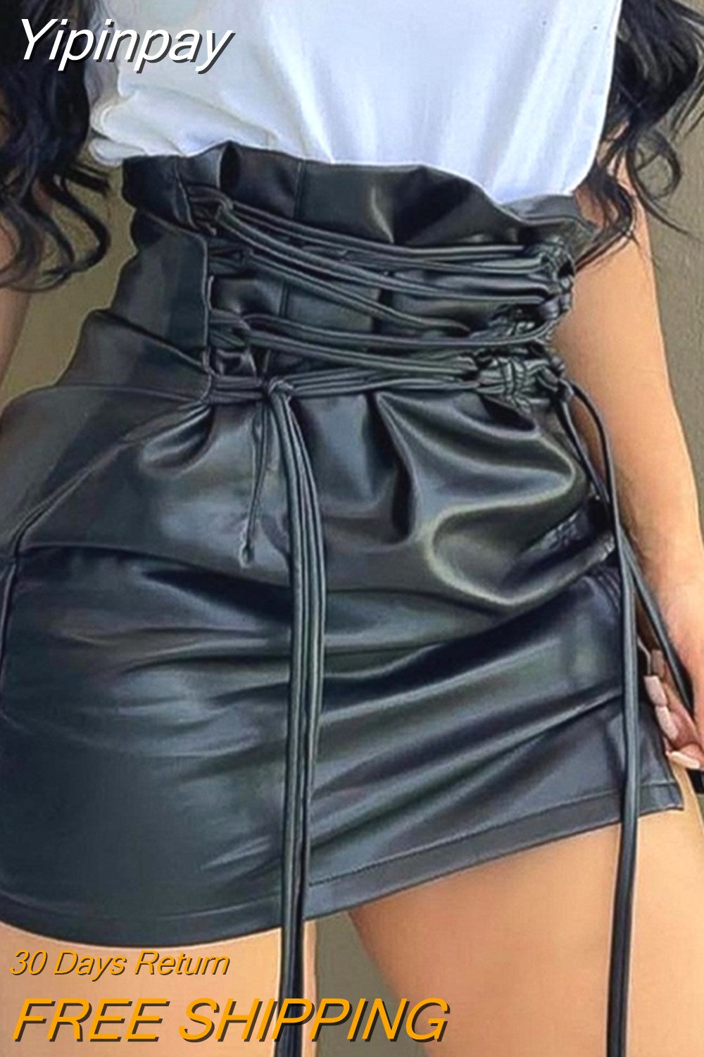 Yipinpay Lace-up High Waist PU Leather Mini Slit Skirt y2k clothes women's outfits female clothing new fashion womens bottom black