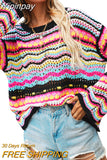 Yipinpay Women Round Neck Loose Sweaters, Bohemian Long Sleeve Crochet Knit Pullover Tops