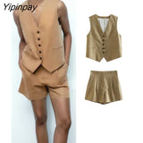 Yipinpay 2Pcs Ladies Vest Blazer Sets 2023 Spring Autumn V-neck Solid Single Breasted Jacket+A-Line Short Trouser Causal Basic Suits