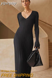 yipinpay Knitted Dresses For Women 2023 Autumn Winter Elegant Pleated Long Dresses Long Sleeve V Neck Casual Slim White Maxi Dress