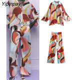 Yipinpay Women Geometric Print Pant Shirt Sets 2023 New Summer Fashion Single Breasted Blouse+Wide Leg Pants Causal Outwear