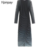 Yipinpay 2023 Spring Summer Folds Tulle Dresses Vintage Elegant Party Sheath Mid-Calf Dress Long Sleeve O-neck Vestidos