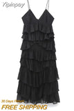Yipinpay Black Backless Dress Woman Ruffle Long Dress Women Ruched Slip Midi Sexy Dresses Ladies 2023 Christmas Night Party Dresses