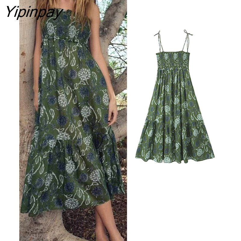 Yipinpay Summer Women Printed Mid-Calf Camisole Dress 2023 Elegant Bow Party Backless Vestidos A-Line Sleeveless Dress Outwear
