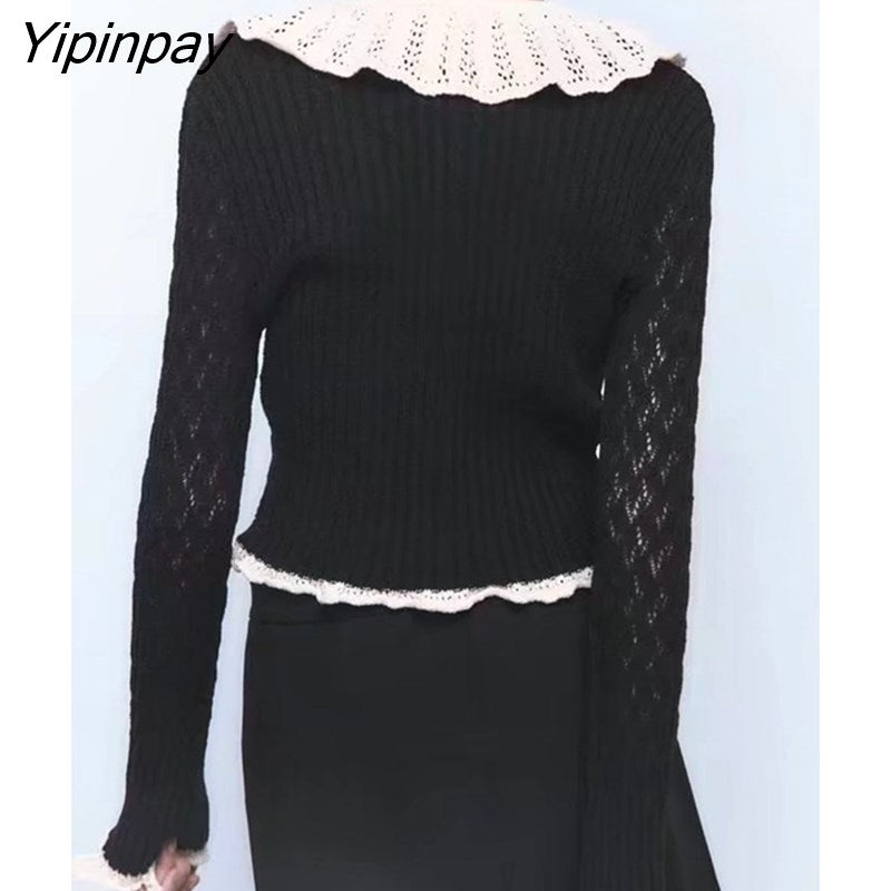 Yipinpay 2023 Autumn Women Knitted Coats Harajuku Fashion Peter Pan Collar Cardigan Sweater Single Breasted Long Sleeve Sweater