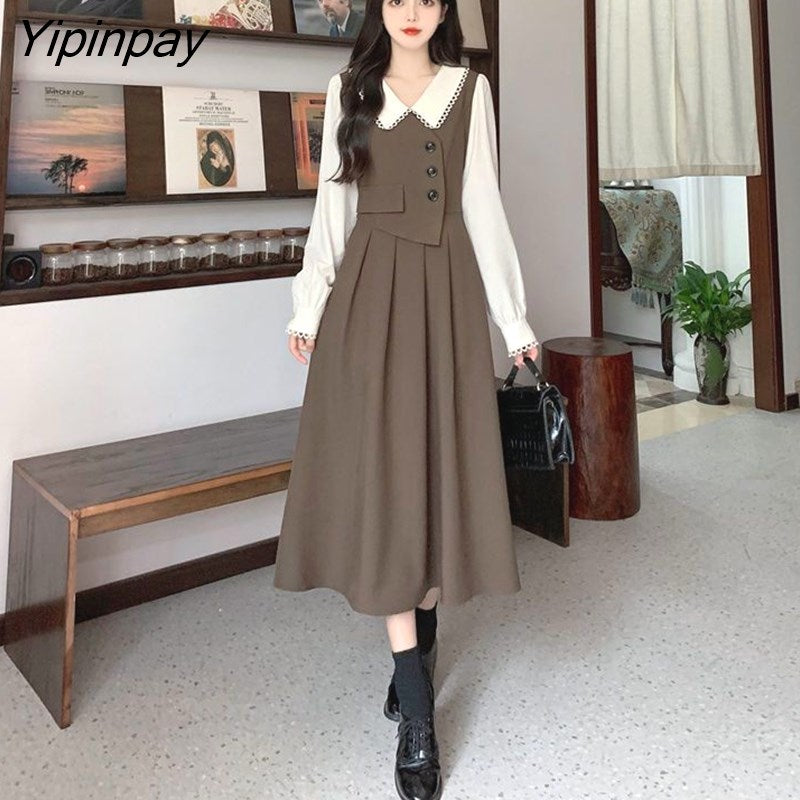 Yipinpay Retro Stitching Fake Two Piece Dress Female Autumn Doll Collar