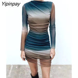 Yipinpay 2023 New Fashion Tulle Dresses Spring Summer O-neck Slim Party Sexy Vestidos Long Sleeve Back Zipper Mini Dresses