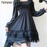 Yipinpay 2023 Sweet Summer Dress Women Gothic Black Lace Patchwork Black Dress High Waist Female Dresses