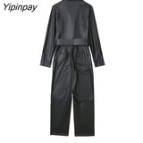 Yipinpay 2023 Fashion Women Faux Leather Jumpsuits With Belt Spring Autumn Vintage Long Sleeve Notched Female Causal Playsuits Mujer