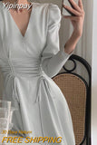 Yipinpay Autumn Elegant One Piece Dress Korea Fashion Casual Pure Color Midi Dress Woman Long Sleeve Evening Party Dress Office Lady