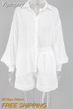 Yipinpay White Elegant Jacquard Fabric Soft Vacation Suits Women Long Sleeves Shirts And Hot Pants Two Pieces Outfits Summer