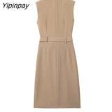 Yipinpay Elegant Women Blazer Dresses With Belt 2023 Autumn Solid Notched Office Lady Dresses Sleeveless Double Breasted Vestidos