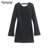 Yipinpay Spring Autumn Backless Mini Dresses 2023 Women Long Sleeve O-neck Solid Party Dress Elegant Chic Tops Outerwear