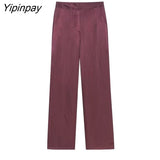 Yipinpay New Fashion Women Pant Shirt Sets 2023 Summer Long Sleeved Soft Silk Blouse+Elastic Waist Wide Leg Pants Outwear