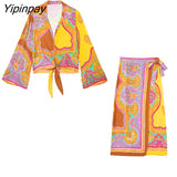 Yipinpay 2 Piece Set Women Summer Bow Tops And Sarong Skirts Elegant Printed Suits Long Sleeve Casual Turn Down Collar Shirts