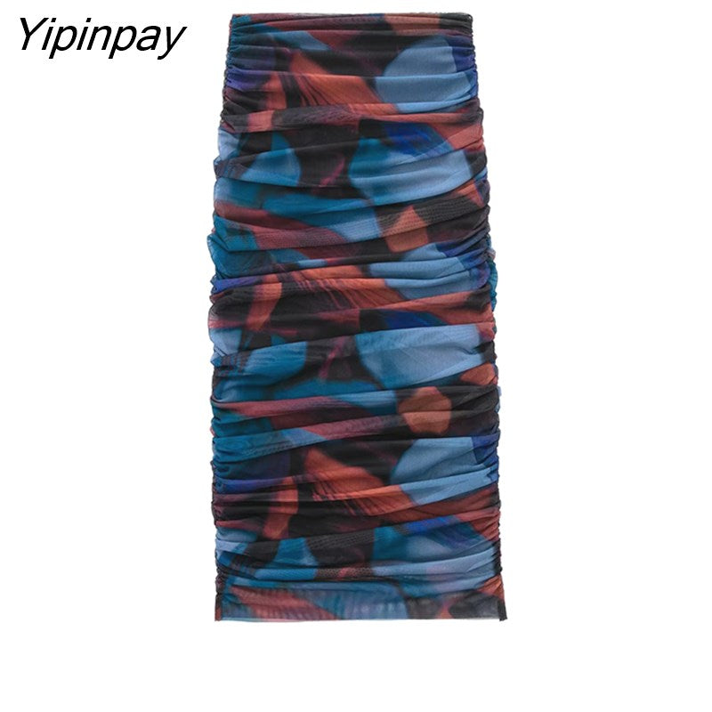 Yipinpay Fashion 2023 Women's Tulle Printed Sets Elegant O-neck Folds Top Mid-Calf Straight Skirts Long Sleeve Casual Suits
