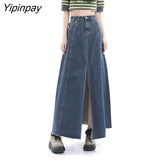 Yipinpay Vintage Blue Long A Line Split Denim Skirt For Women Loose Casual Jean Skirts For Ladies