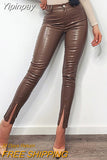 Yipinpay Autumn Winter PU Leather Pencil Trousers Women's High Waist Button Slit Hem Pants Office Casual Slim Fit Bottoms