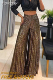 Yipinpay Waist Sequin Flared Wide leg Pants All-Match new fashion yk2 Women's Clothing