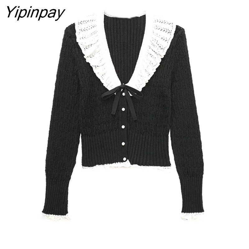 Yipinpay 2023 Autumn Women Knitted Coats Harajuku Fashion Peter Pan Collar Cardigan Sweater Single Breasted Long Sleeve Sweater