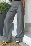 Yipinpay Elegant Khaki Wide Legs Pants Women Pleated All-Match High Waist Baggy Trousers Gray Office Ladies Long Pants 2023