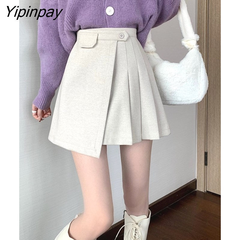 Yipinpay Autumn Winter Apricot Woolen Skirt Women High Waist Pleated Skirt