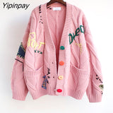 Yipinpay Autumn Winter Women Cardigan Warm Knitted Sweater Jacket Pocket Embroidery Fashion Knit Cardigans Coat Lady Loose Sweaters