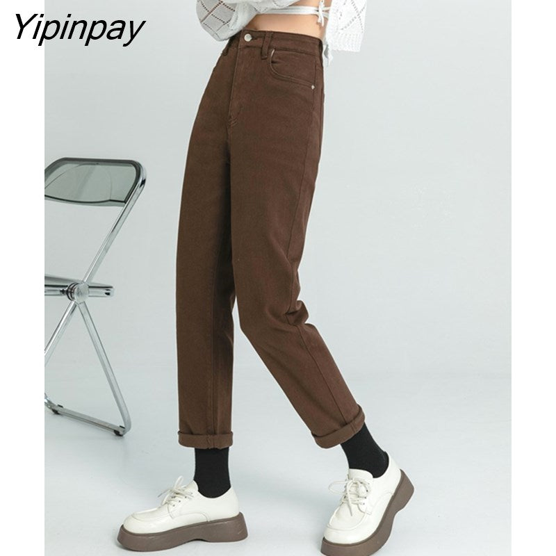 Yipinpay High Waist Elastic Denim Harem Pants Ladies Casual Vintage Wash Jeans Women Autumn Winter Brown Mom Jean Femme
