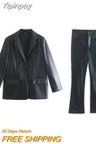 Yipinpay 2023 Black Faux Leather Blazer Women Masculine Women's Blazer Set Office Casual Blazer Woman Fall Long Sleeve Female Jacket