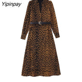 Yipinpay 2023 Women Elegant Leopar Mid-Calf Dresses With Belt Fashion Female V-neck Party Vestidos Long Sleeved Dresses Soft Outwear