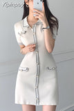 Yipinpay Collar Knitted button mini dress sexy summer 2023 short Sleeve robe dresses vintage Sheath jurk women