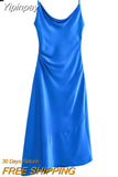 Yipinpay 2023 Satin Long Dress Women Summer Blue Slip Dress Woman Asymmetric Backless Sexy Party Dresses Elegant Evening Dresses