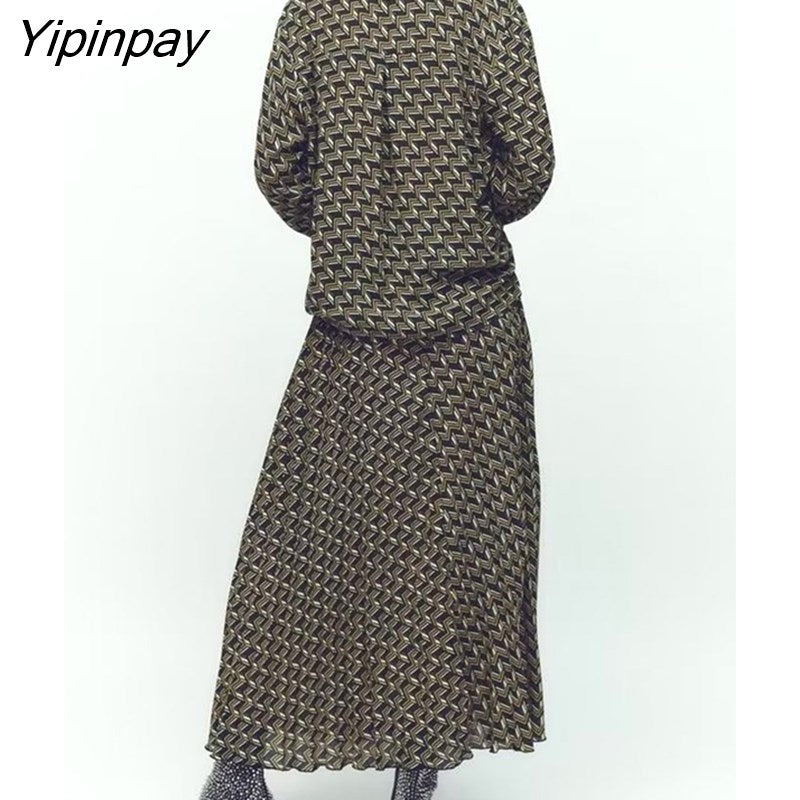 Yipinpay Elegant Geometric Print Skirt Sets 2023 Vintage Soft Long Sleeve Blouse Female Casual Folds A-line Skirt Lady Suit