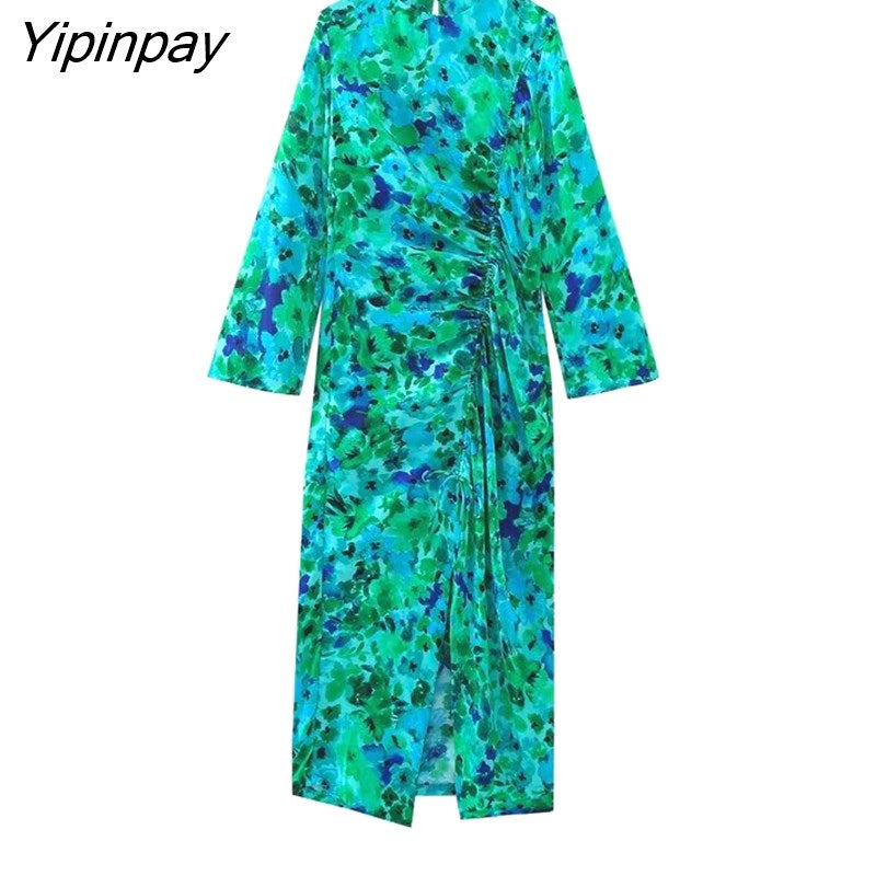 Yipinpay 2023 Women Printed Folds Mid-Calf Dresses Elegant Female Beach Style Slim Party Vestidos Long Sleeved Dresses Soft Outwear