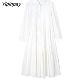Yipinpay Elegant Women Hollow Out Mid-Calf Dresses Fashion Embroidery Long Sleeve Dresses Solid Single Breasted A-line Vestidos