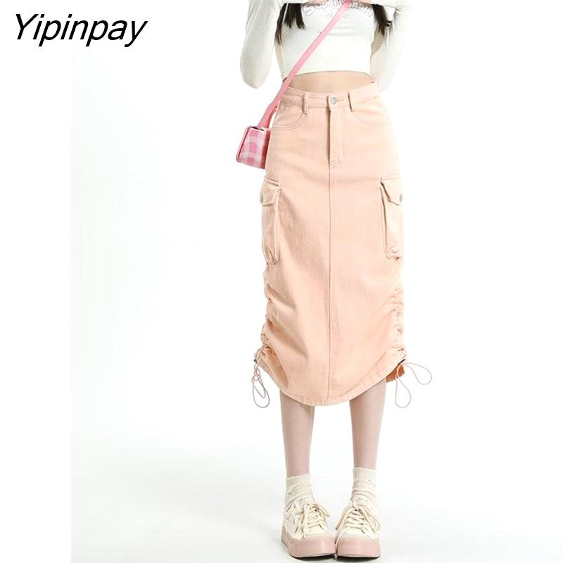 Yipinpay Pink Overalls Denim Skirt Women's High Waist Split A-line Hip Wrap Skirt