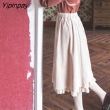 Yipinpay Women Skirt A-line Lace patchwork Double layer Vintage Korean style Sweet female skirt Long faldas largas mujer 2023 HOT
