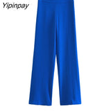 Yipinpay Fashion Spring Women Blue Blazer Suits Sets 2023 New Single Button Office Lady Jackets High Waisted Wide Leg Pants