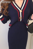 Yipinpay bump color stripe edge v-neck knitting cardigan skirts two-piece outfit