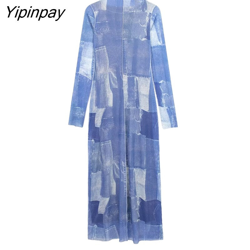Yipinpay Elegant Women Patchwork Tulle Dresses Vintage Party Sheath Mid-Calf Dress Long Sleeve Turtleneck Vestidos Spring Autumn